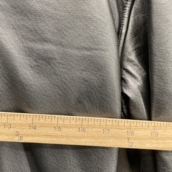 Black Leather Faux Fur Lined Jacket Womens Large Black Belted Hooded Winter Chic - Picture 4 of 8